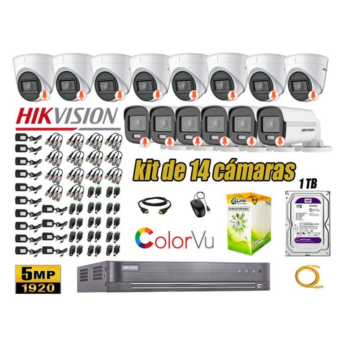 HIKVISION - CÁMARAS SEGURIDAD KIT 14 5MP + DISCO 1TB COLORVU VISION NOCTURNA COLOR