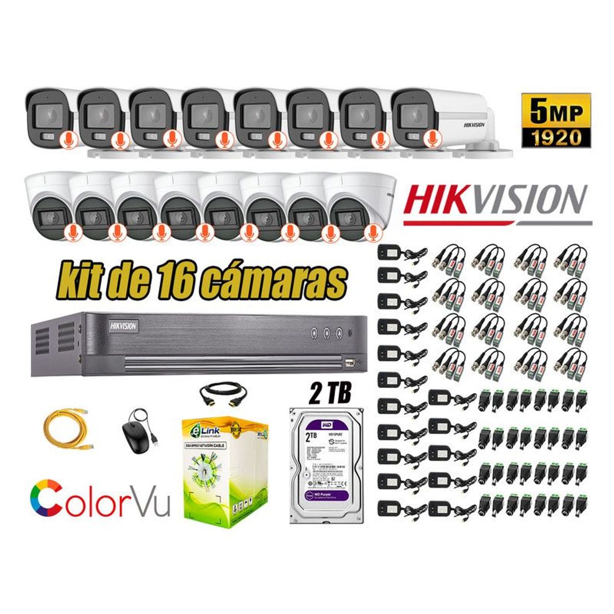 HIKVISION - CÁMARAS SEGURIDAD KIT 16 5MP + DISCO 2TB COLORVU VISION NOCTURNA COLOR