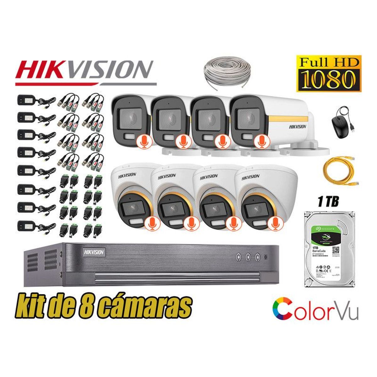HIKVISION - CÁMARAS SEGURIDAD KIT 8 FULL HD + DISCO 1TB - COLORVU VISION COLOR