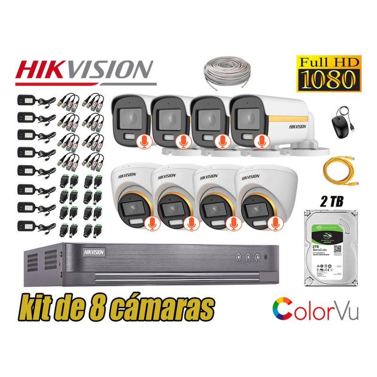 HIKVISION - CÁMARAS SEGURIDAD KIT 8 FULL HD + DISCO 2TB - COLORVU VISION COLOR