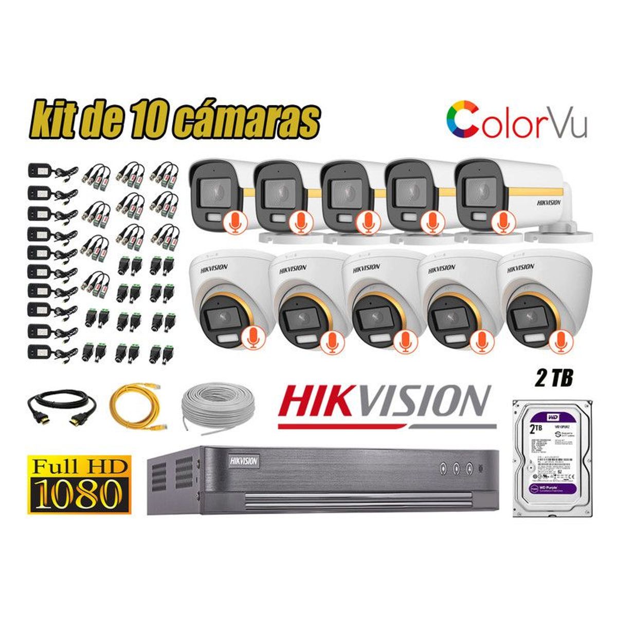 HIKVISION - CÁMARAS SEGURIDAD KIT 10 FULL HD + DISCO 2TB - COLORVU VISION COLOR