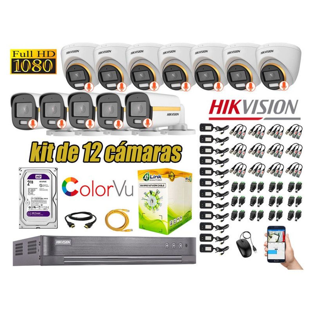 HIKVISION - CÁMARAS SEGURIDAD KIT 12 FULL HD + DISCO 2TB - COLORVU VISION COLOR