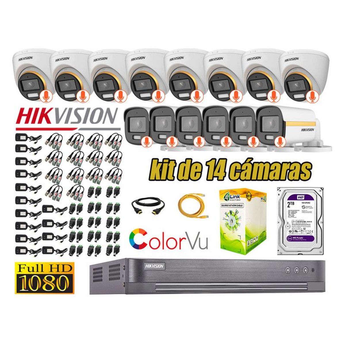 HIKVISION - CÁMARAS SEGURIDAD KIT 14 FULL HD + DISCO 2TB - COLORVU VISION COLOR