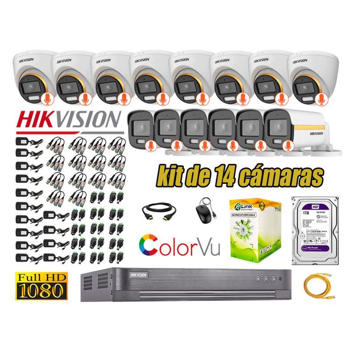 HIKVISION - CÁMARAS SEGURIDAD KIT 14 FULL HD + DISCO 1TB - COLORVU VISION COLOR