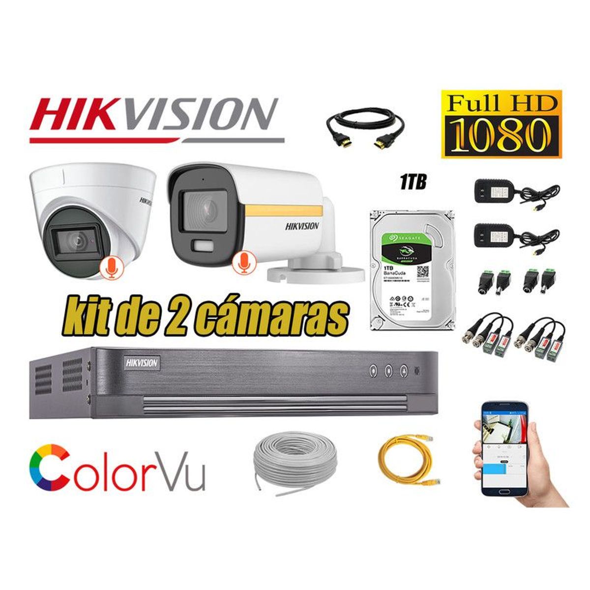 HIKVISION - CÁMARAS SEGURIDAD KIT 2 FULL HD + DISCO 1TB - COLORVU VISION COLOR