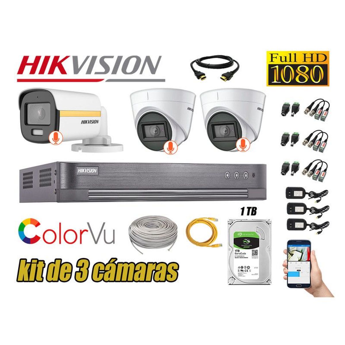 HIKVISION - CÁMARAS SEGURIDAD KIT 3 FULL HD + DISCO 1TB - COLORVU VISION COLOR
