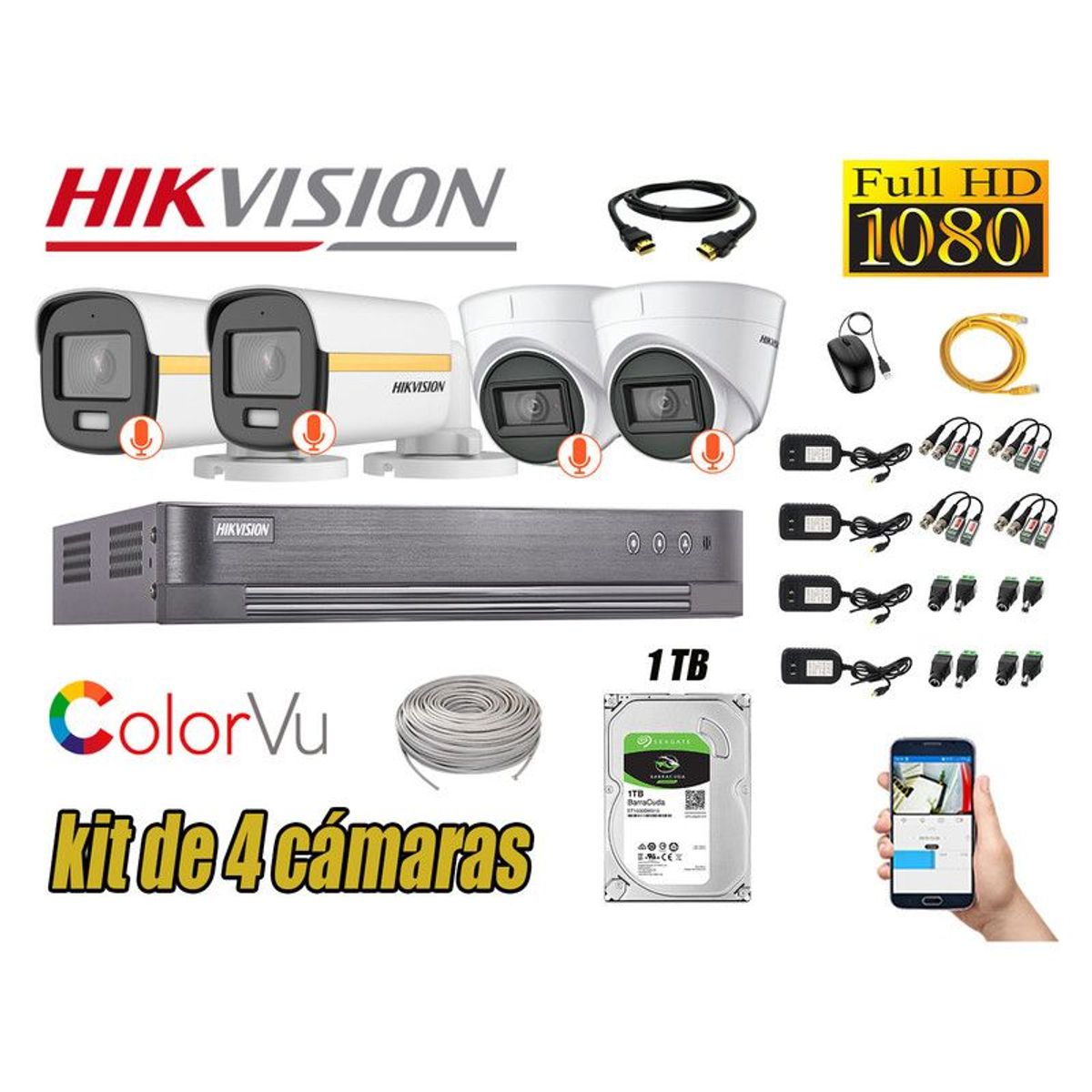 HIKVISION - CÁMARAS SEGURIDAD KIT 4 FULL HD + DISCO 1TB - COLORVU VISION COLOR