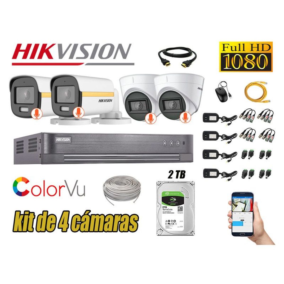 HIKVISION - CÁMARAS SEGURIDAD KIT 4 FULL HD + DISCO 2TB - COLORVU VISION COLOR