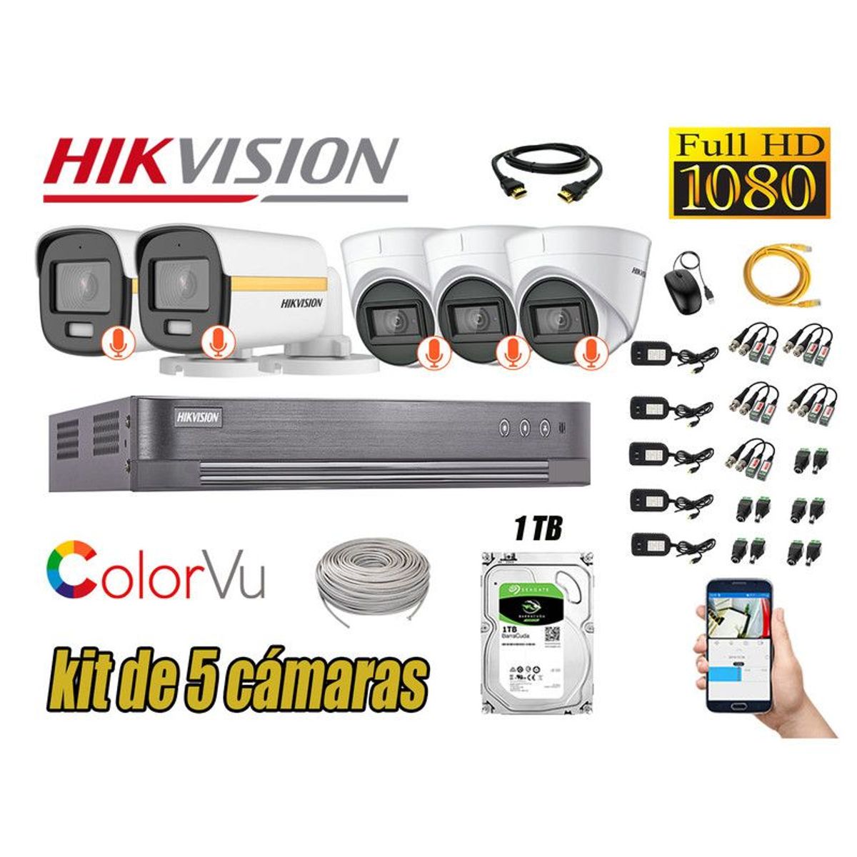 HIKVISION - CÁMARAS SEGURIDAD KIT 5 FULL HD + DISCO 1TB - COLORVU VISION COLOR