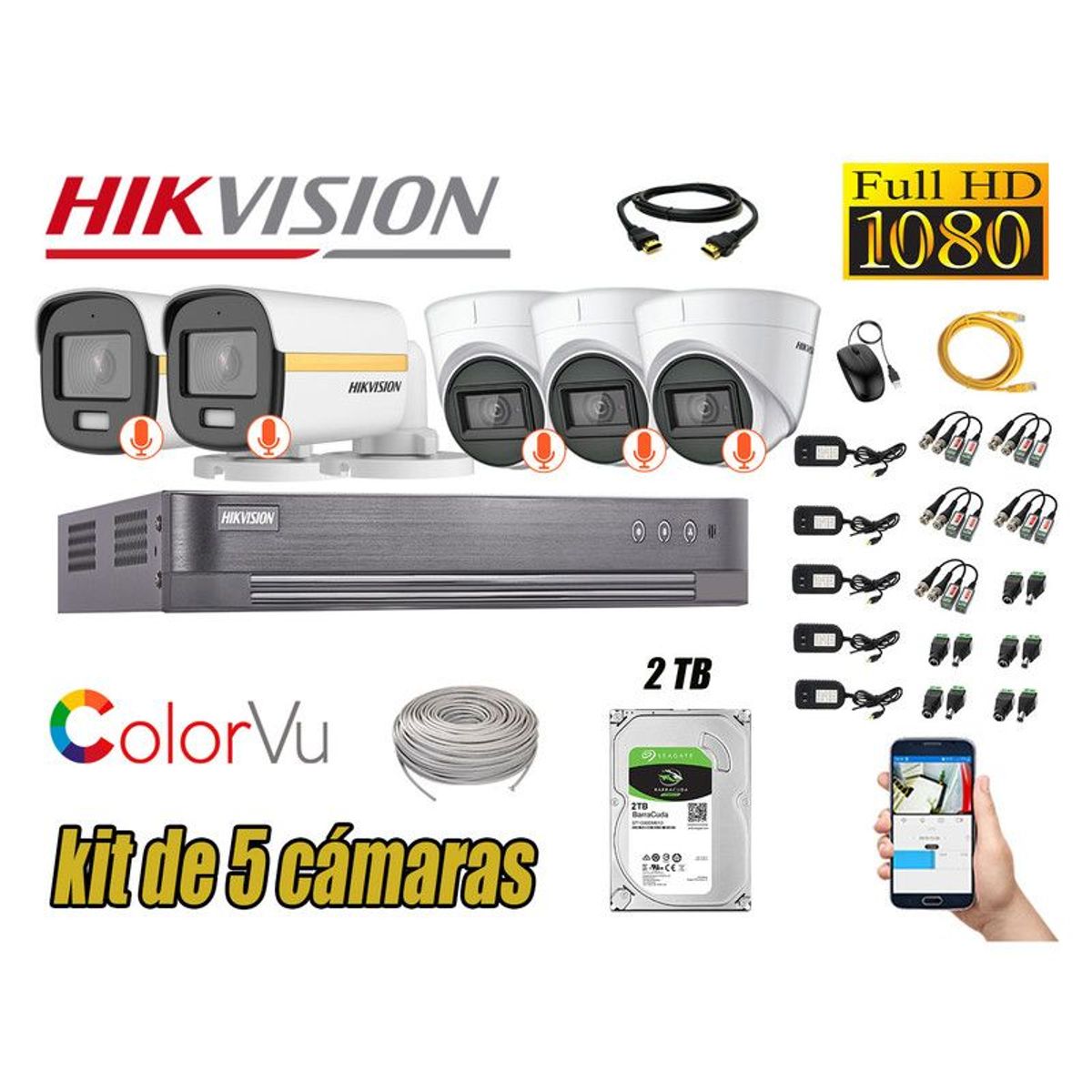 HIKVISION - CÁMARAS SEGURIDAD KIT 5 FULL HD + DISCO 2TB - COLORVU VISION COLOR