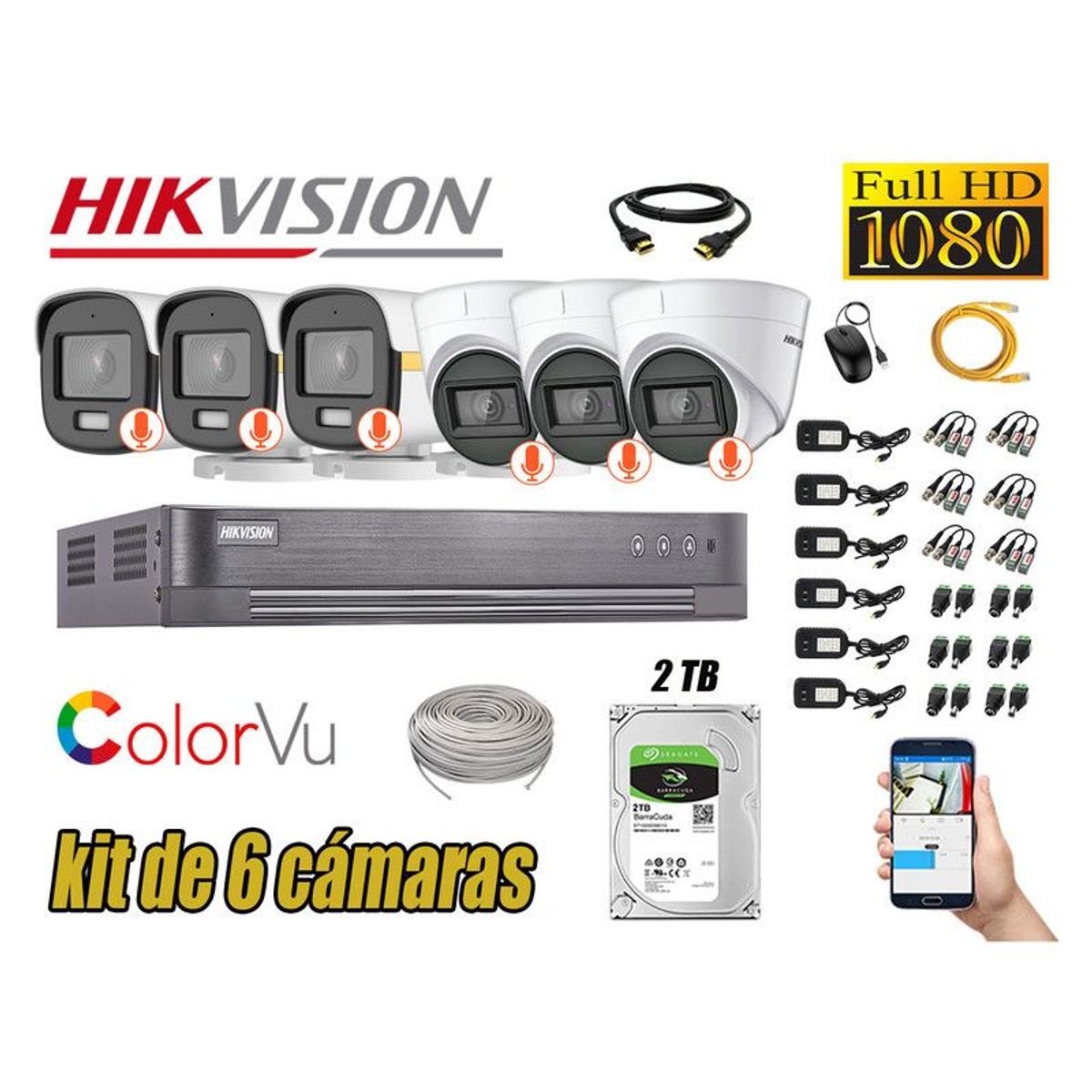HIKVISION - CÁMARAS SEGURIDAD KIT 6 FULL HD + DISCO 2TB - COLORVU VISION COLOR
