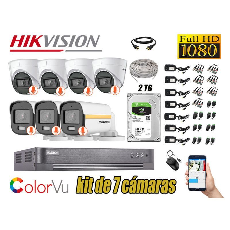 HIKVISION - CÁMARAS SEGURIDAD KIT 7 FULL HD + DISCO 2TB - COLORVU VISION COLOR