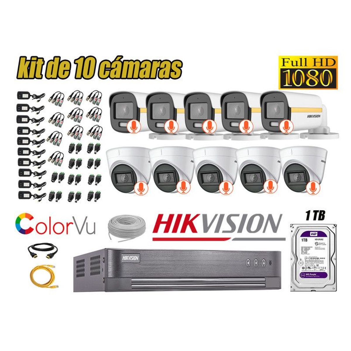 HIKVISION - CÁMARAS SEGURIDAD KIT 10 FULL HD + DISCO 1TB - COLORVU VISION COLOR