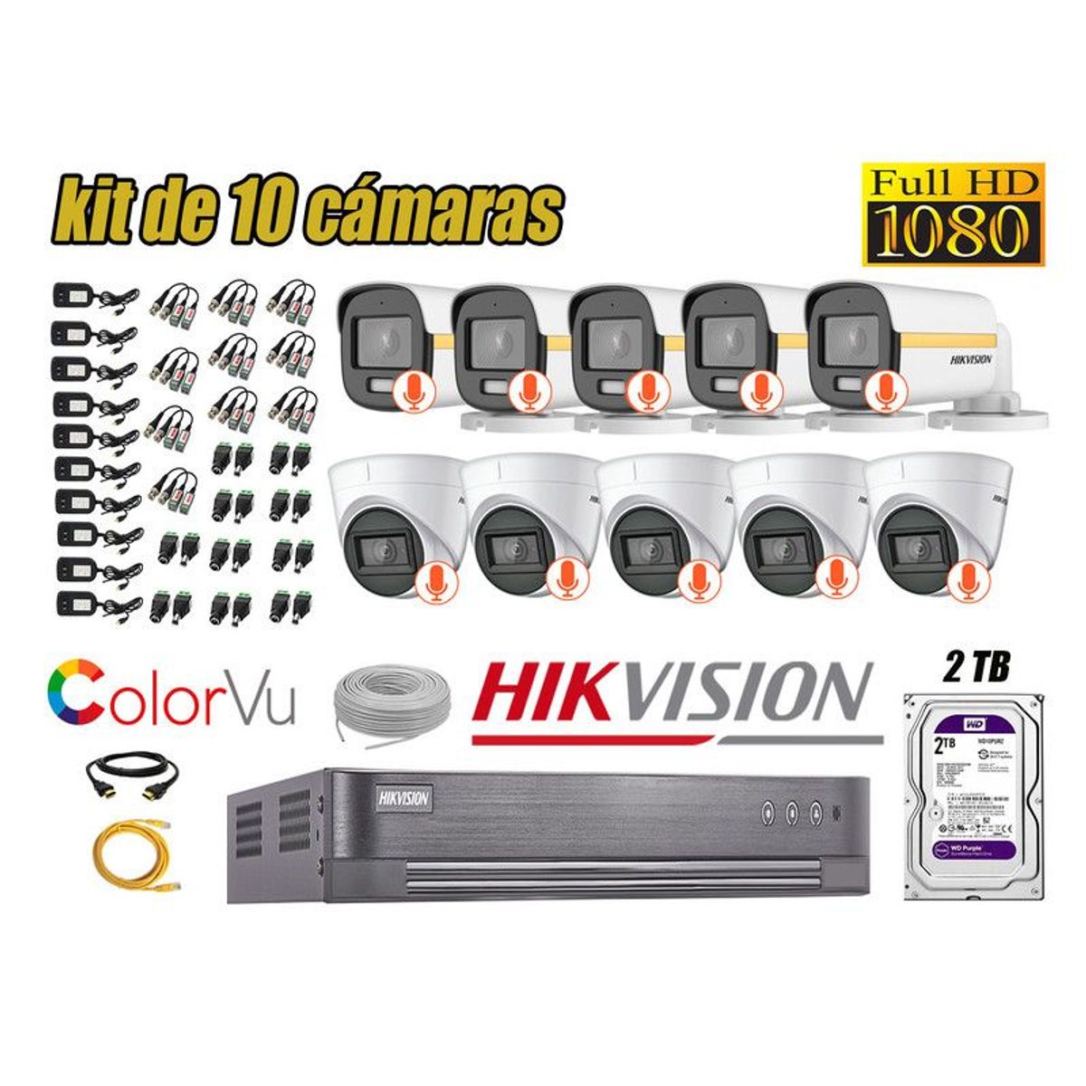 HIKVISION - CÁMARAS SEGURIDAD KIT 10 FULL HD + DISCO 2TB - COLORVU VISION COLOR
