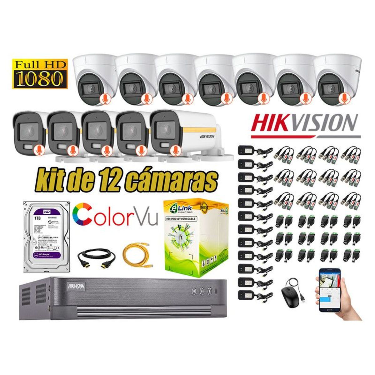HIKVISION - CÁMARAS SEGURIDAD KIT 12 FULL HD + DISCO 1TB - COLORVU VISION COLOR