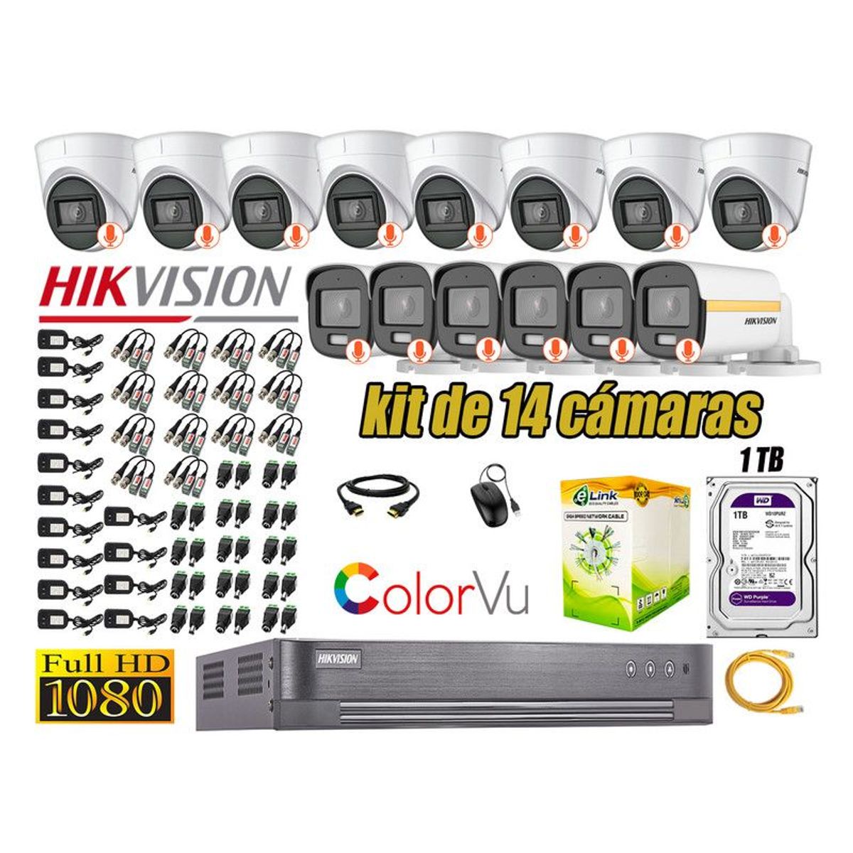 HIKVISION - CÁMARAS SEGURIDAD KIT 14 FULL HD + DISCO 1TB - COLORVU VISION COLOR