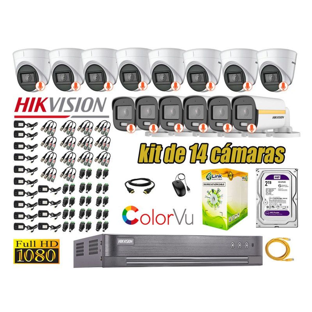 HIKVISION - CÁMARAS SEGURIDAD KIT 14 FULL HD + DISCO 2TB - COLORVU VISION COLOR