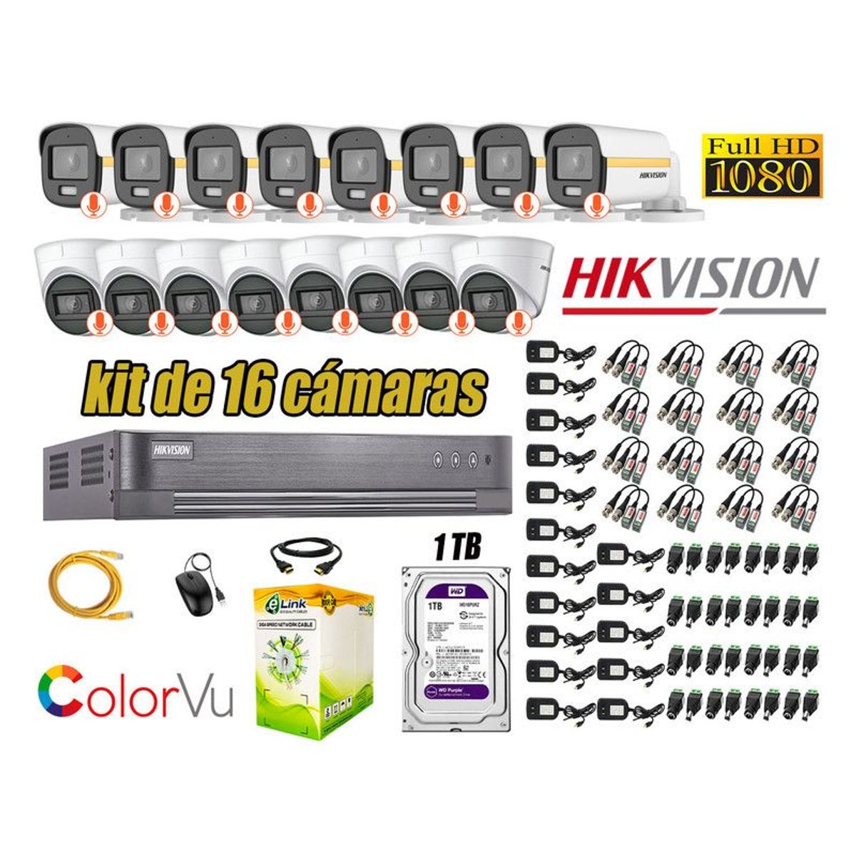 HIKVISION - CÁMARAS SEGURIDAD KIT 16 FULL HD + DISCO 1TB - COLORVU VISION COLOR