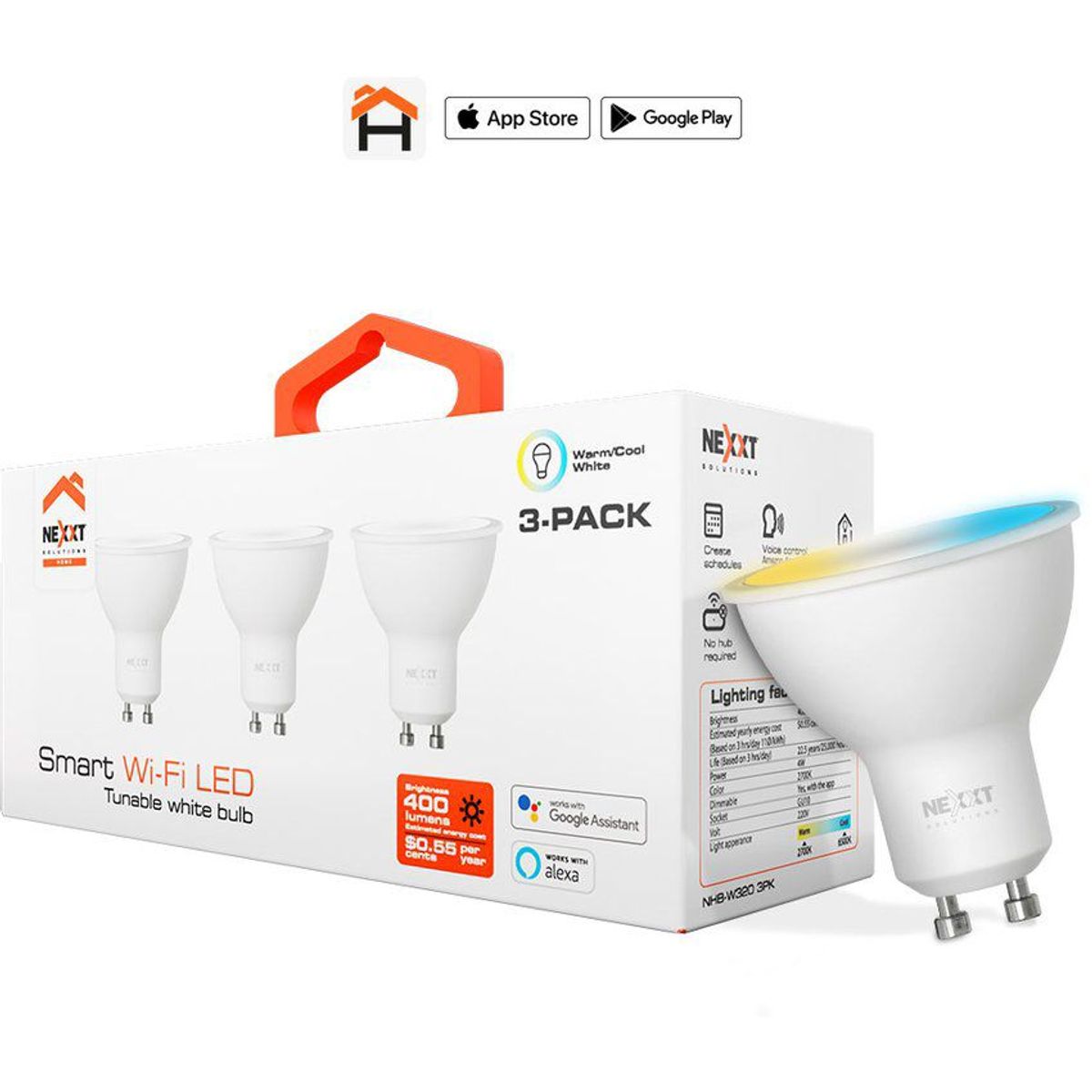 NEXXT SOLUTIONS - Dicroico foco led inteligente wi-fi mr16 nhb-w320 3pk alexa google