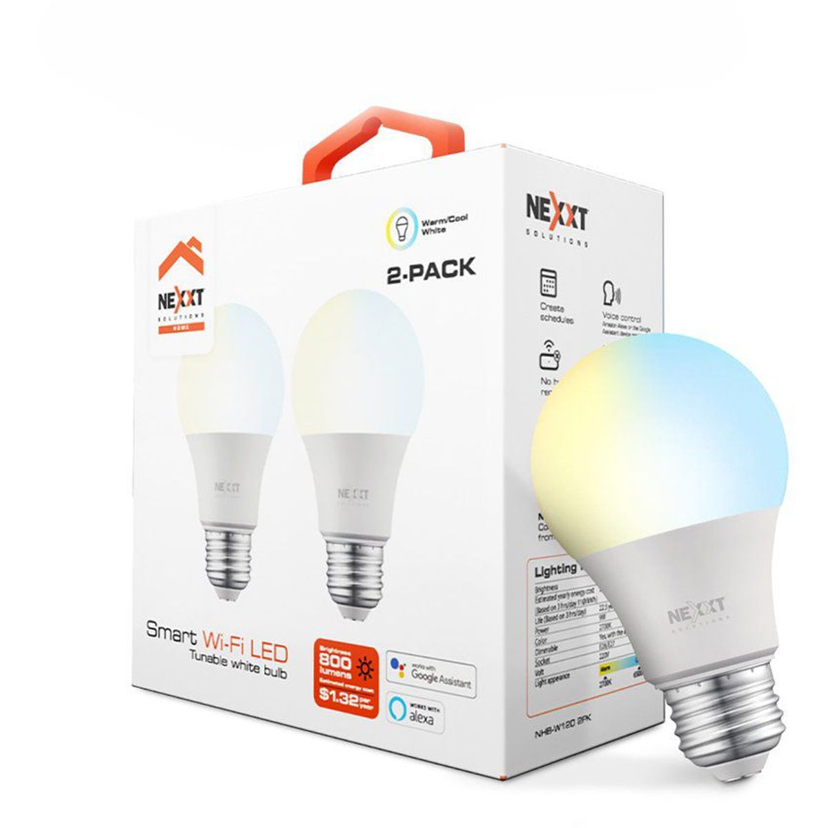 NEXXT SOLUTIONS - Foco inteligente nexxt a19 luz cálida y fria alexa google 2-pack
