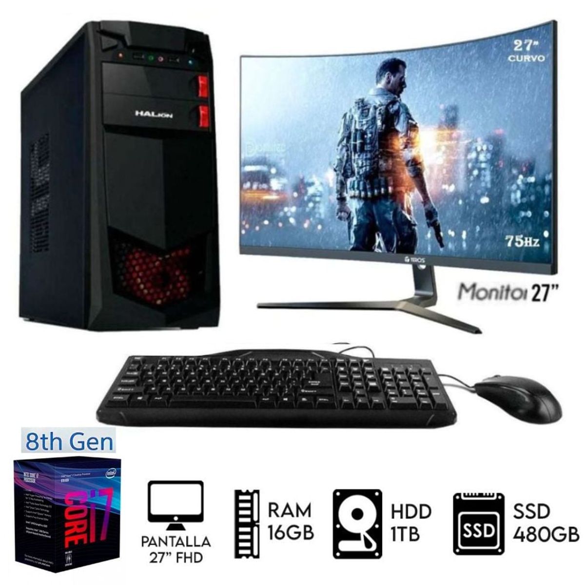INTEL - Computadora PC Intel Core i7-8TH RAM 16GB Disco HDD 1TB+SSD 480GB Monitor 27 FHD