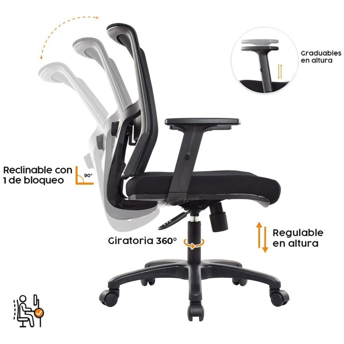 BONNO - Silla Ergonomica Delphi Brazos Regulables Negro Bonno