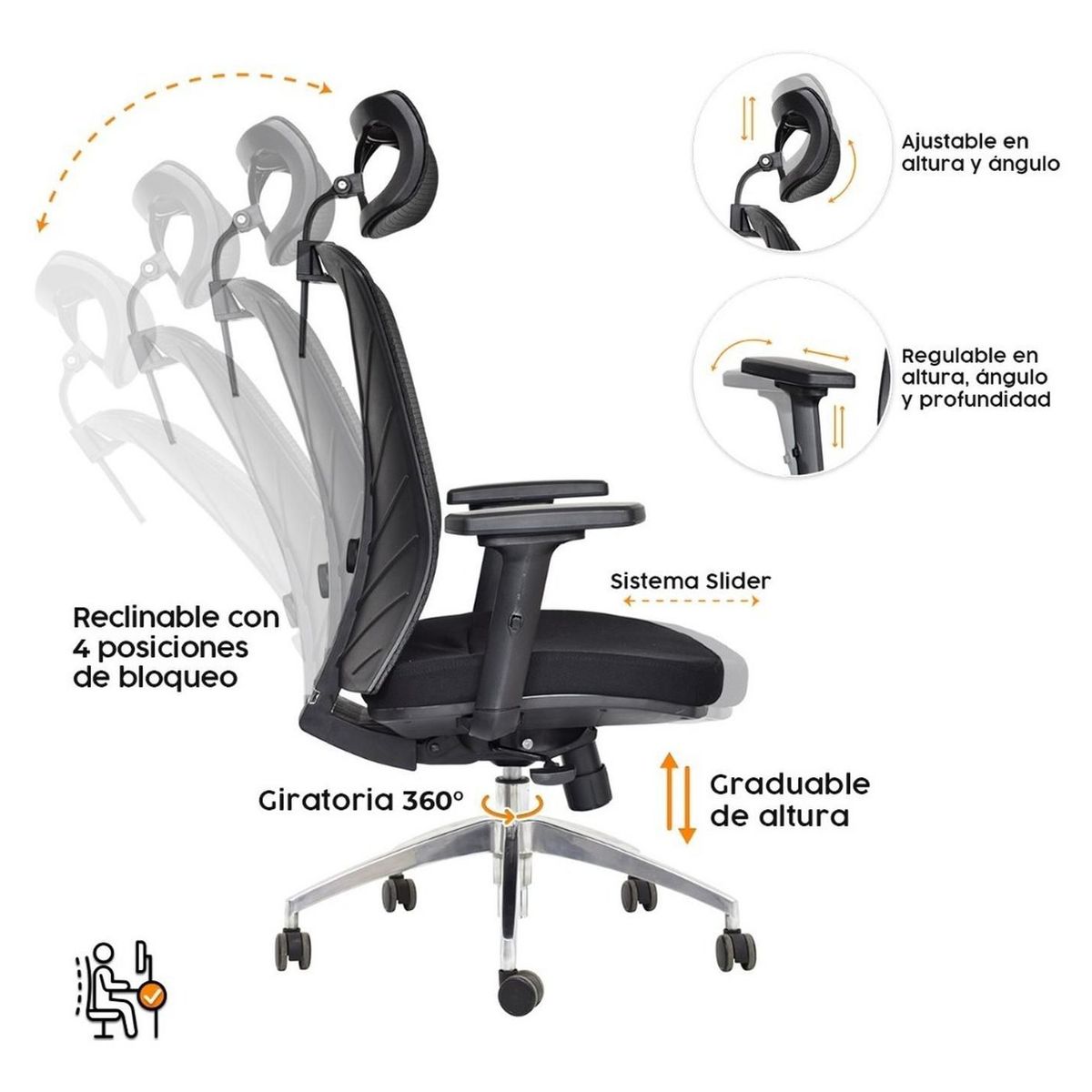 BONNO - Silla Ergonomica  Versalles Negro Con Cabecero Bonno