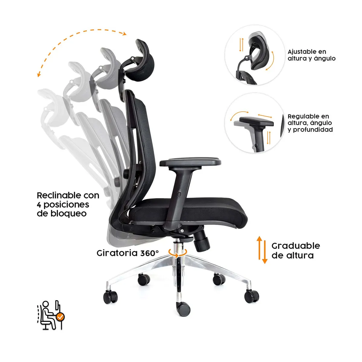 BONNO - Silla Ergonomica Delphi Synchro Negro Con Cabecero Bonno