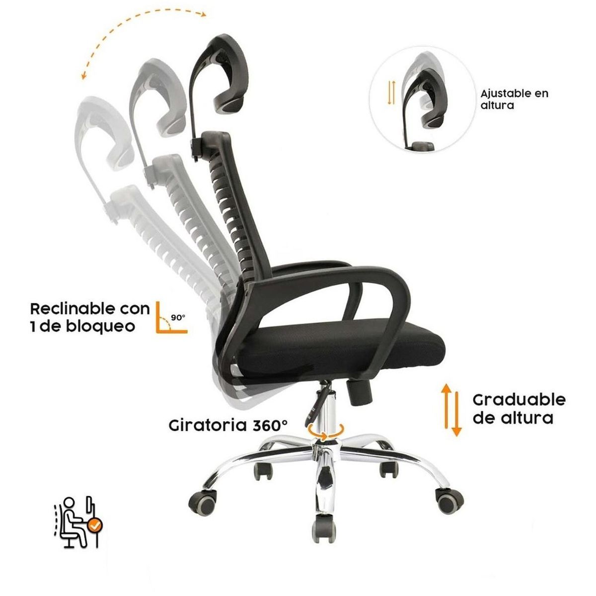 BONNO - Silla De Escritorio Lifan Negro Con Cabecero Bonno