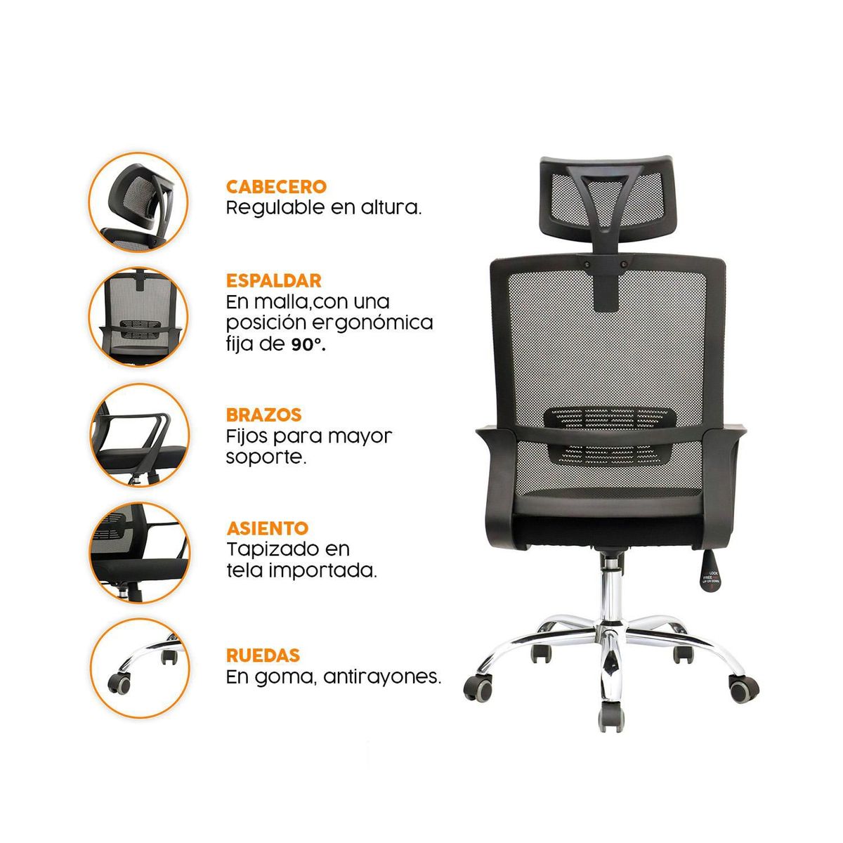 BONNO - Silla De Escritorio Look Negro Con Cabecero Bonno