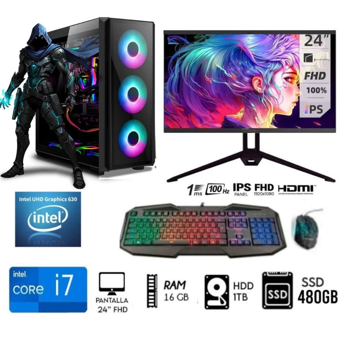 INTEL - Computadora PC CORE i7 3.2Ghz Ram16GB  Disco 1TB+ SSD 480GB  Monitor 24 FULL HD