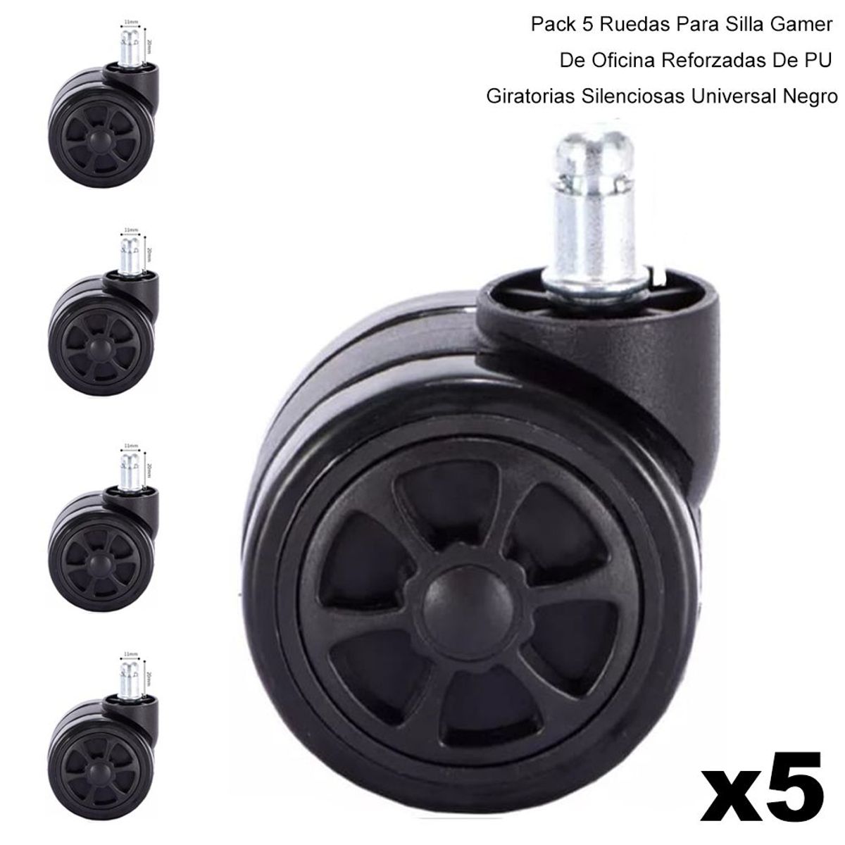 DREIZT - Pack 5 Ruedas para Silla Gamer de Oficina Giratorias Universal Negro