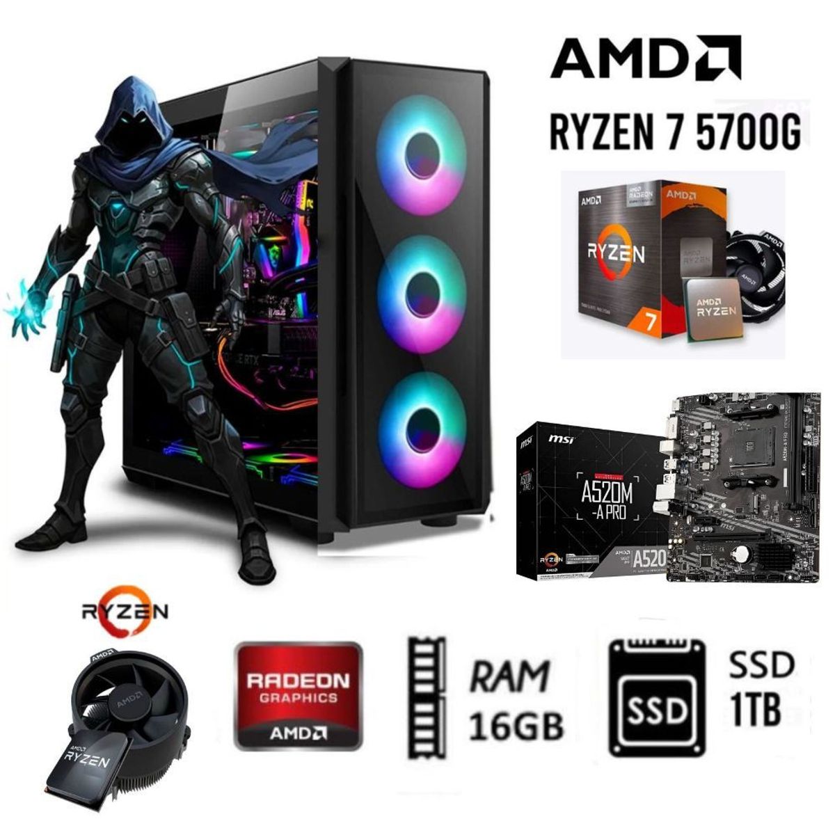 AMD - Computadora Pc Ryzen 7-5700G Ram  16GB  DISCO SSD   1TB  CASE 500W RGB LUCES