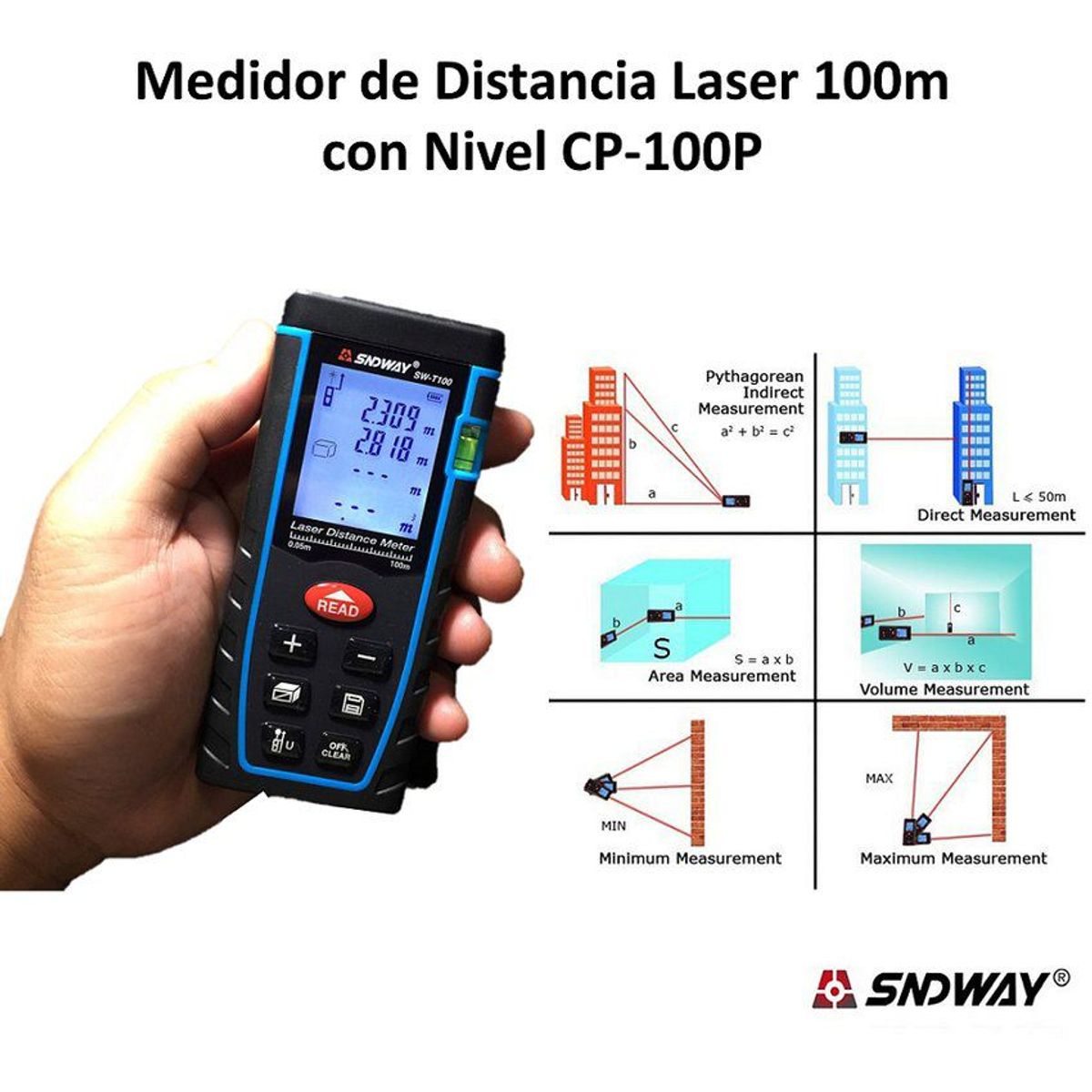 SNDWAY - Medidor de distancia laser 100m con nivel sw-t100 sndway