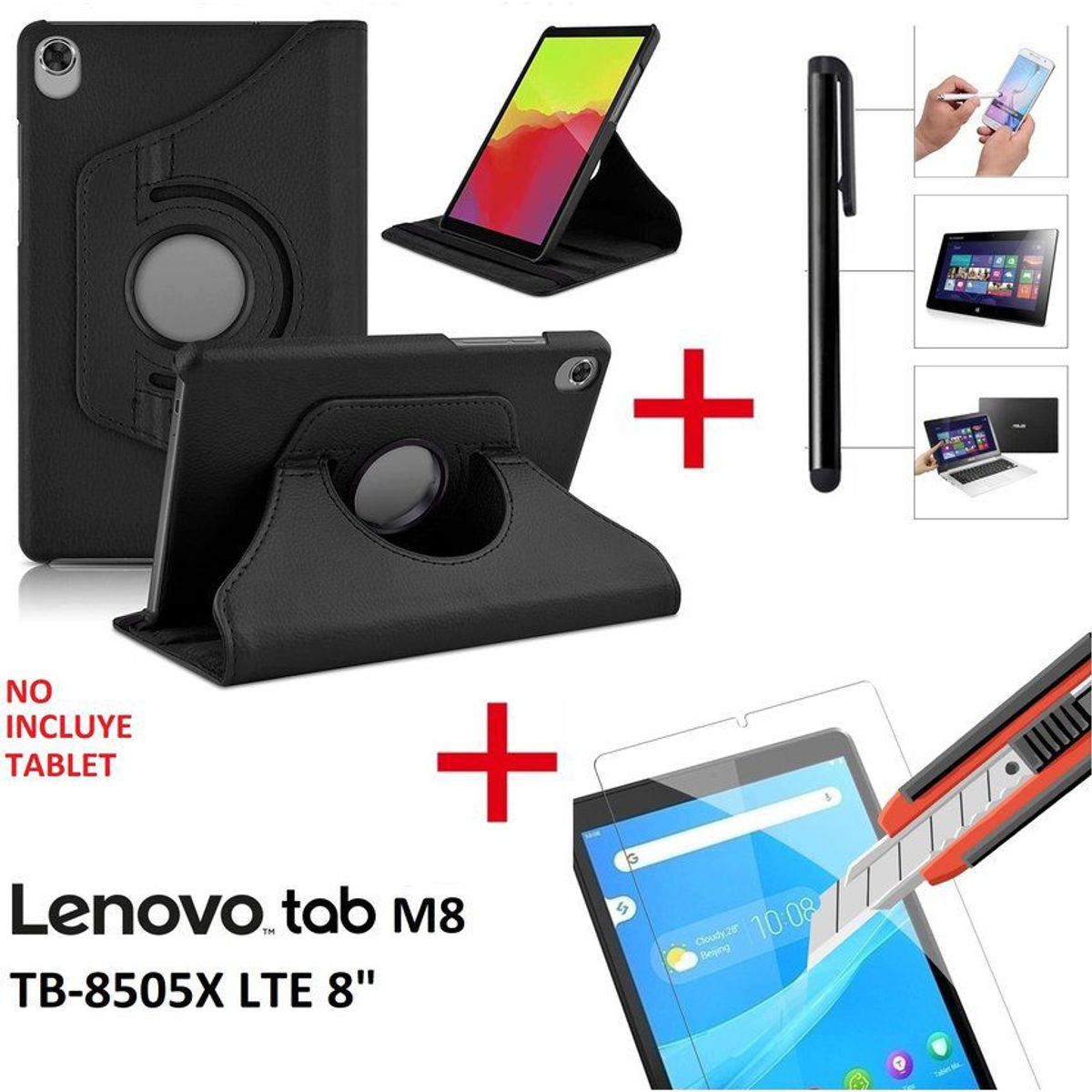 GENERICO - Funda Giratoria + Mica Vidrio + Lapiz Optico Lenovo M8 TB-8505X LTE 8