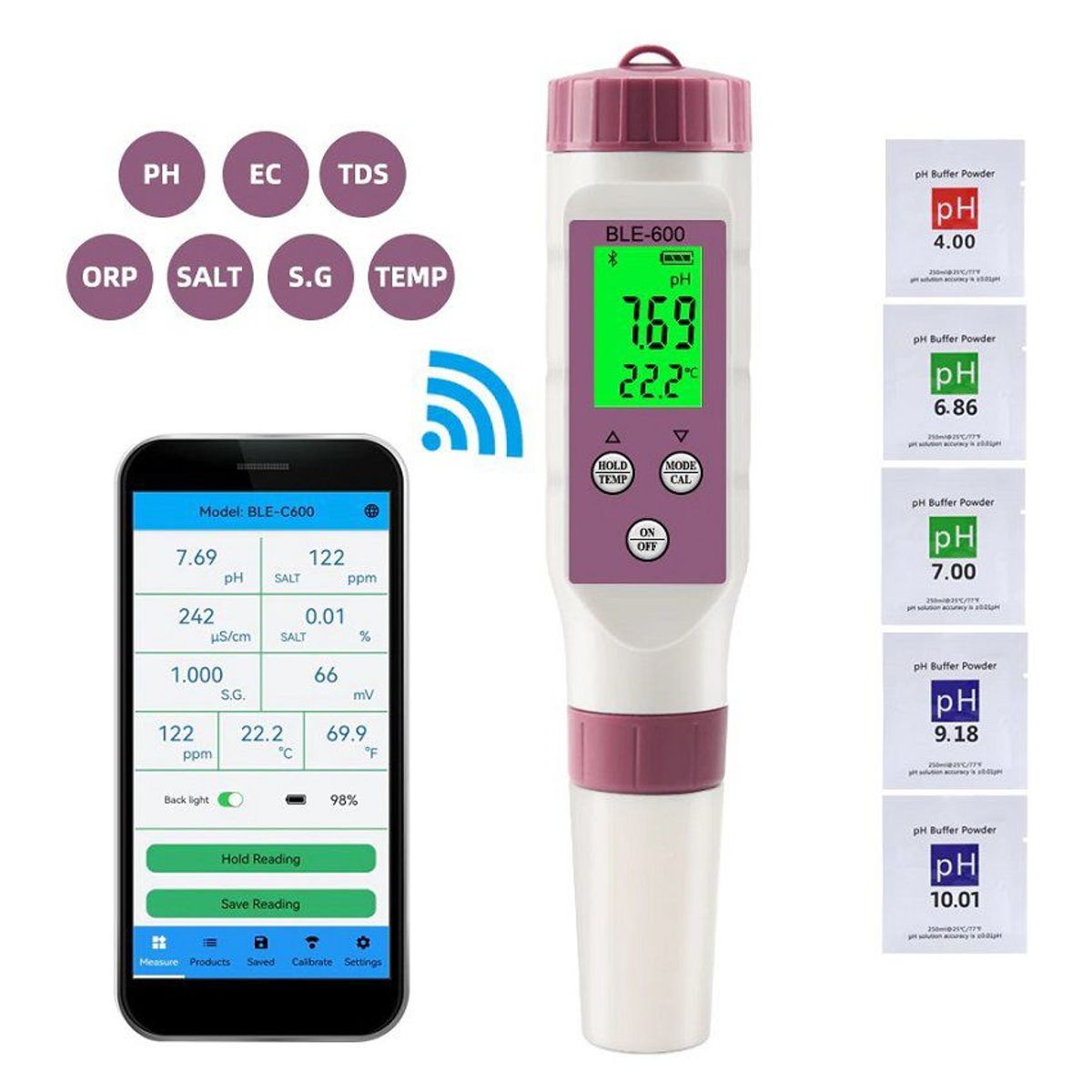 GENERICO - Medidor 7 en 1 ph temp orp ec tds salinidad s.g app bluetooth