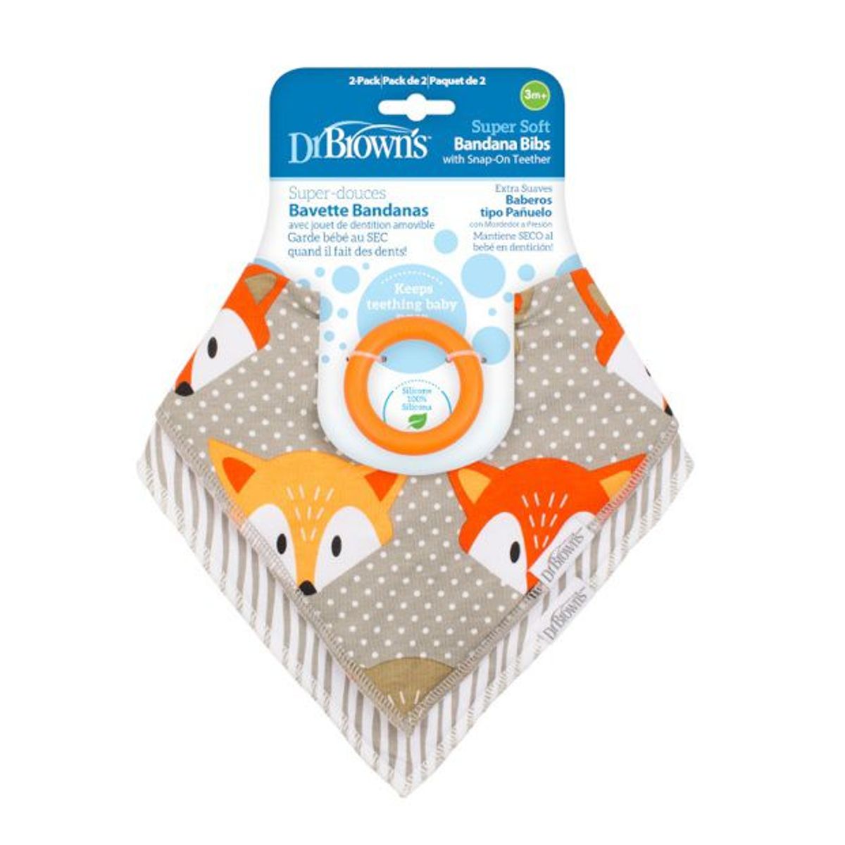 DR BROWNS - Set 2 Baberos bandana con mordedor modelo Zorro/Rayas