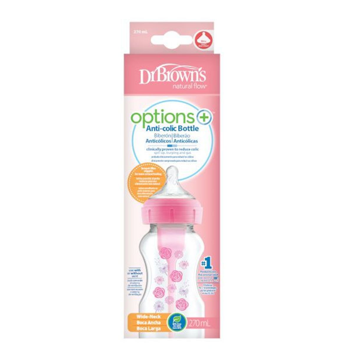 DR BROWNS - Biberón de Polipropileno Boca Ancha 9oz color Rosa Flores