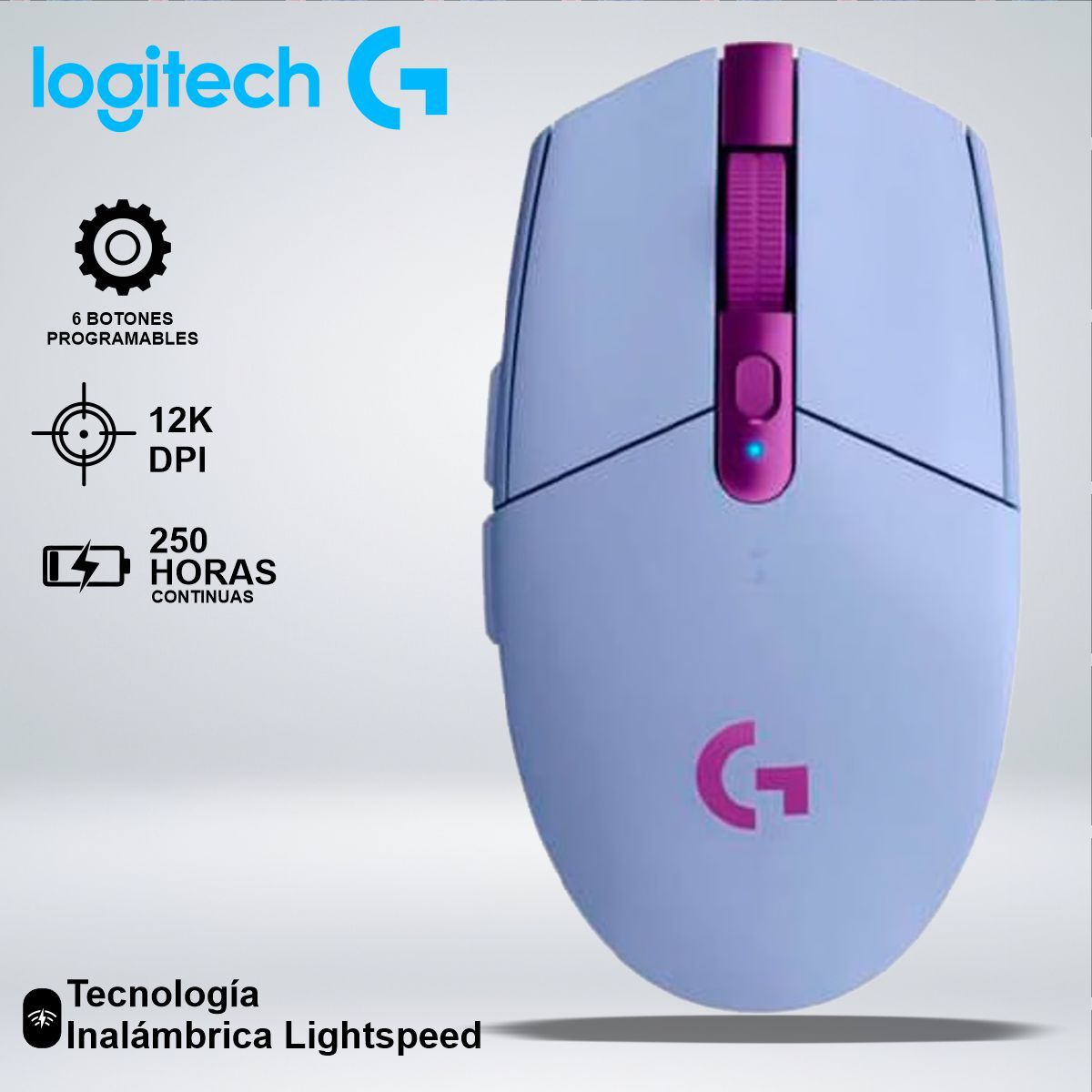 LOGITECH - MOUSE GAMER LOGITECH G305 LIGHTSPEED SENSOR HERO 12K CON 6 BOTONES LILA