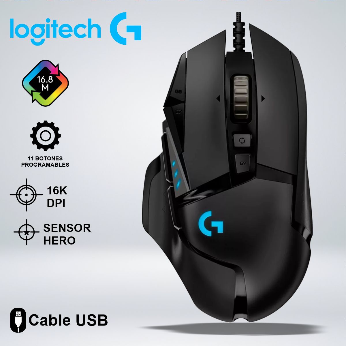 LOGITECH - MOUSE GAMER LOGITECH G502 RGB SENSOR HERO16K 11 BOTONES AJUSTABLES