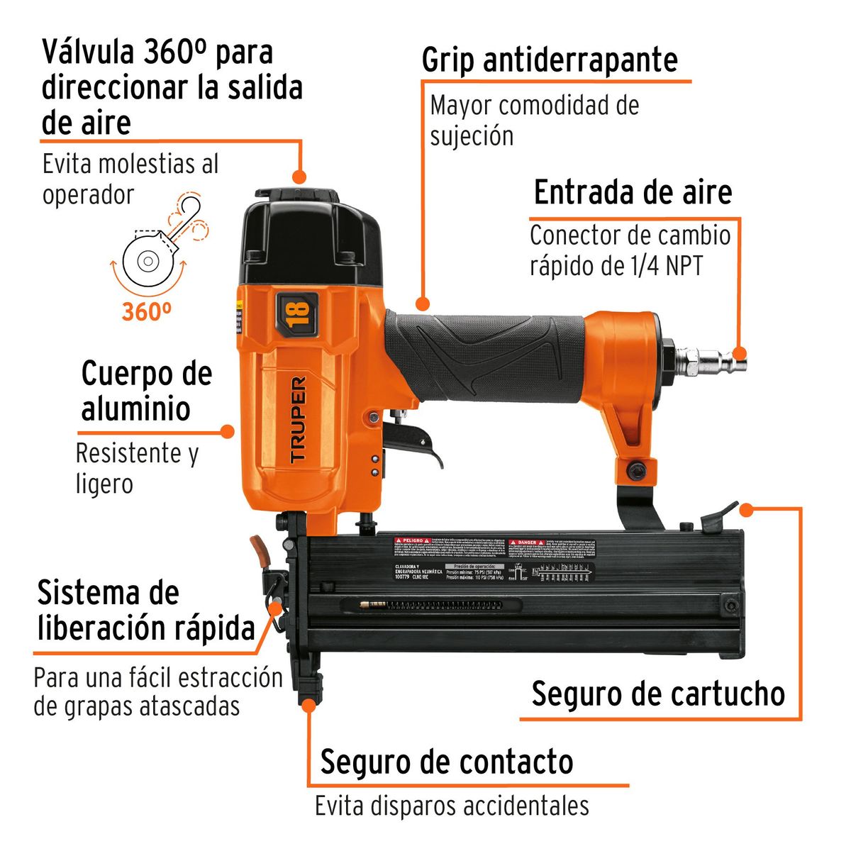 TRUPER - Clavadora y Engrapadora Neumaica Profesional Calibre 18 Truper