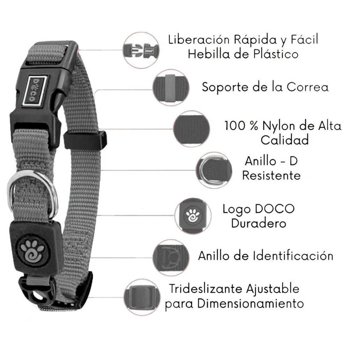 DOCO - Collar De Perro Doco Ajustable Xl Plomo 51 A 78Cm Con Regalo