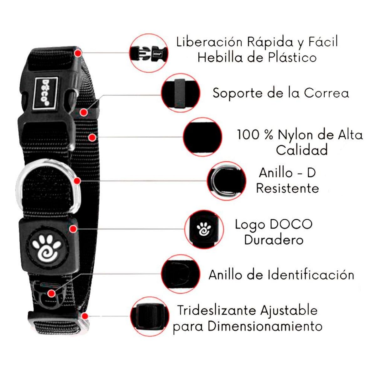 DOCO - Collar De Perro Doco Ajustable Xs Negro 21 A 30Cm Con Regalo