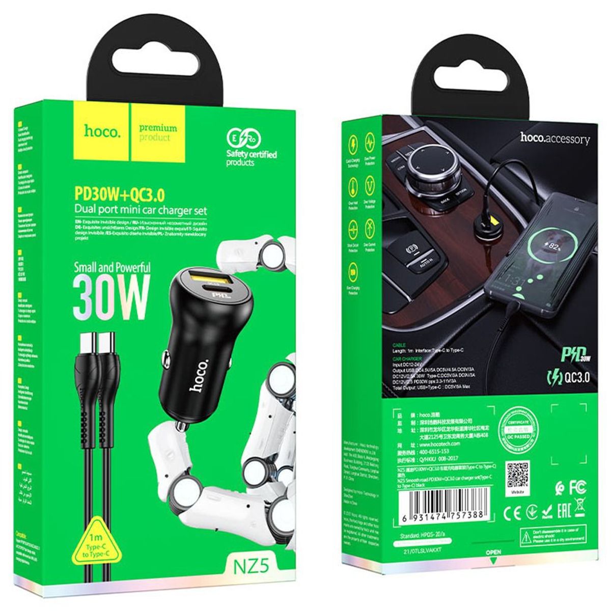 HOCO - Cargador para Auto Hoco  Tipo C USB 30w QC3.0 5A con cable TIPO C