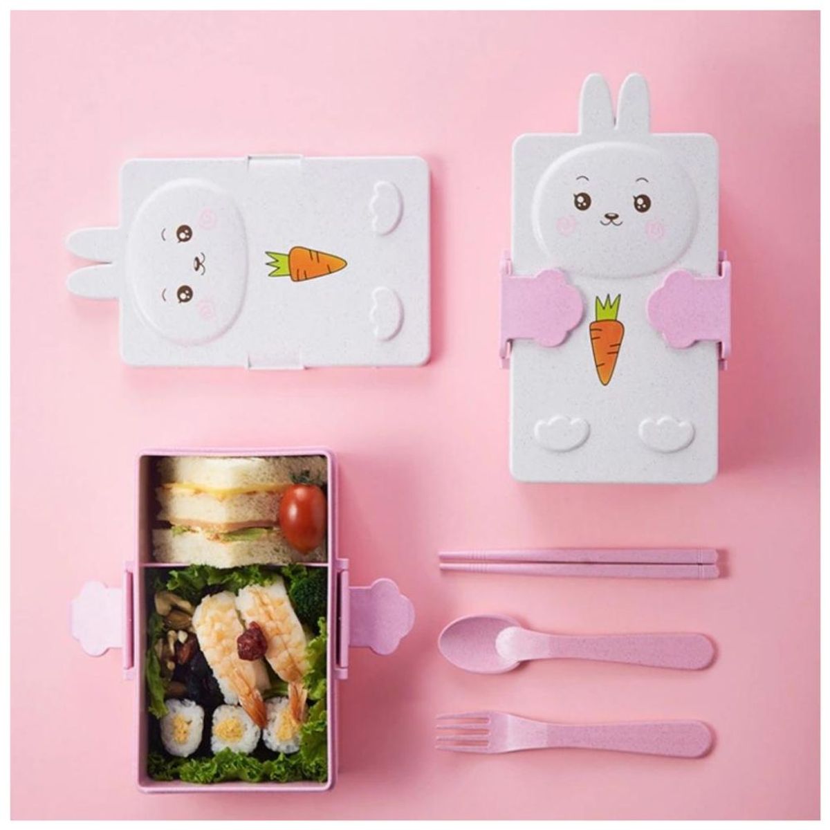 MINARI - Lonchera Táper Kawaii para Niños con Cubiertos Conejo Rosa 70K