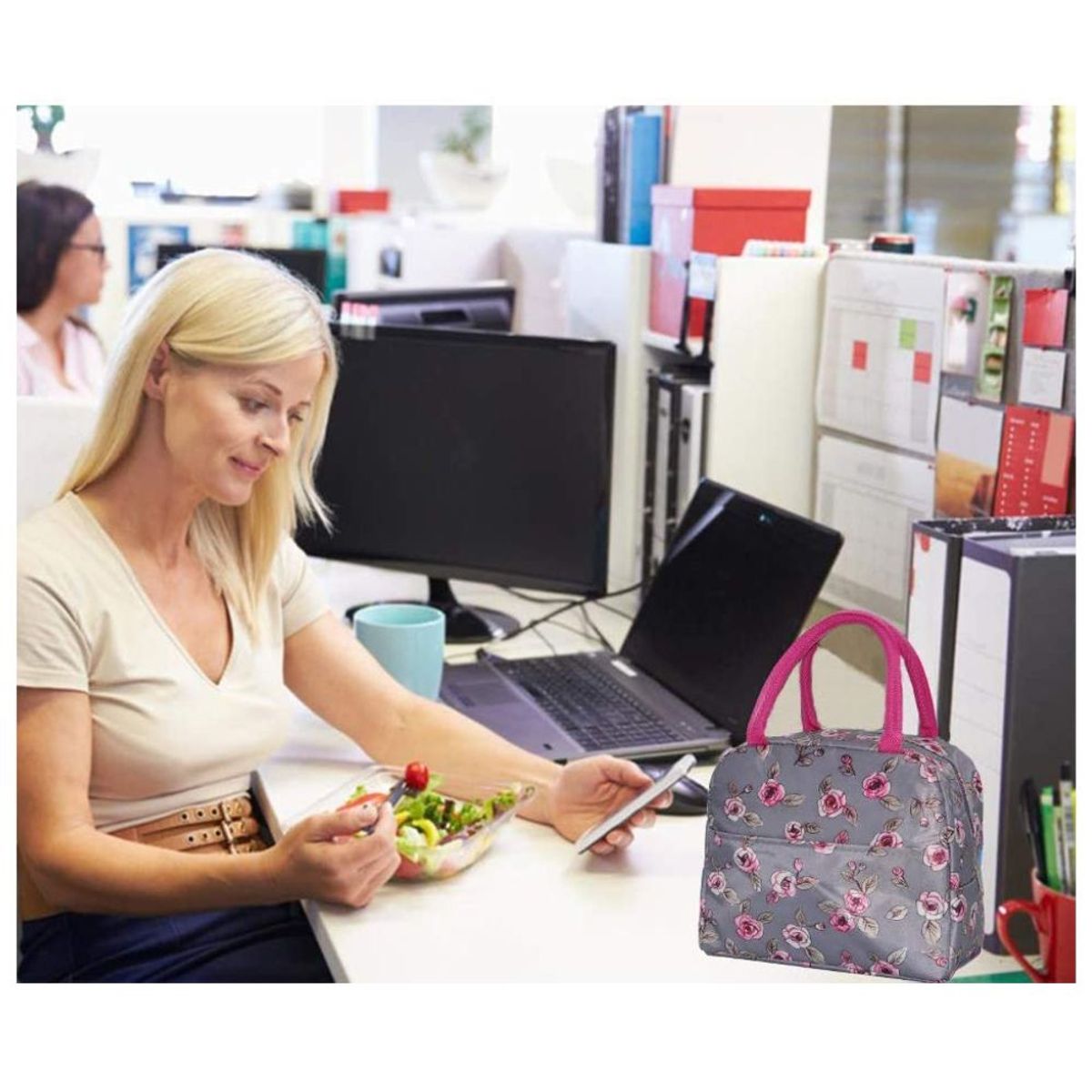 MINARI - Lonchera Térmica Fiambrera Portátil Diseño Rosas Gris 83L