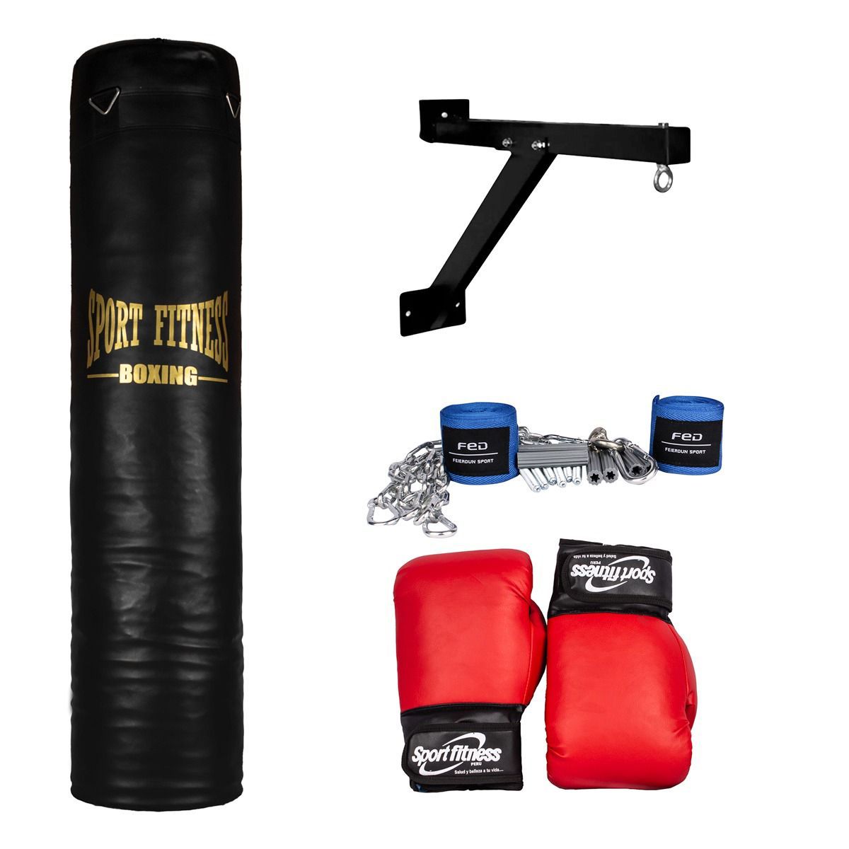 SPORT FITNESS - SET SACO DE BOX LLENO 1.50 M+GUANTES+VENDAS+SOPORTE+CADENA