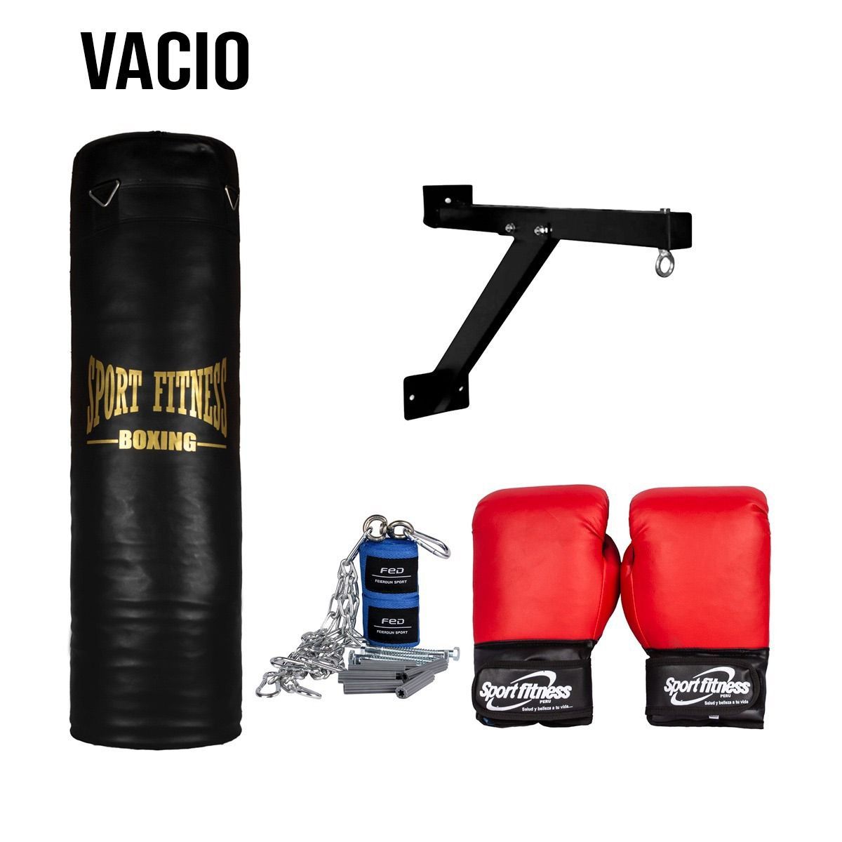 SPORT FITNESS - SACO DE BOX VACIO 1.00 M + GUANTES + VENDAS +SOPORTE+ CADENA