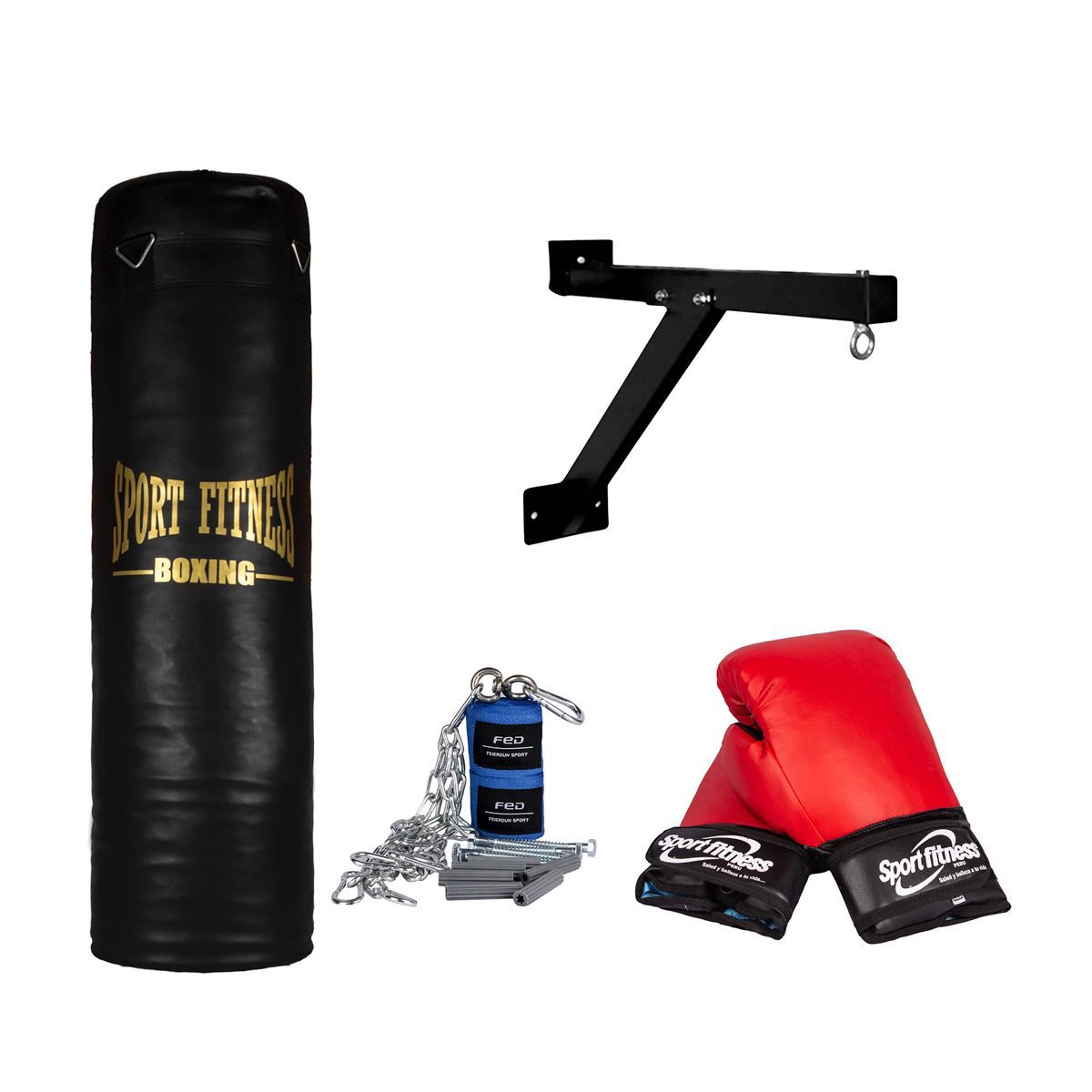 SPORT FITNESS - SACO DE BOX VACIO 1.00 M + GUANTES + VENDAS +SOPORTE+ CADENA