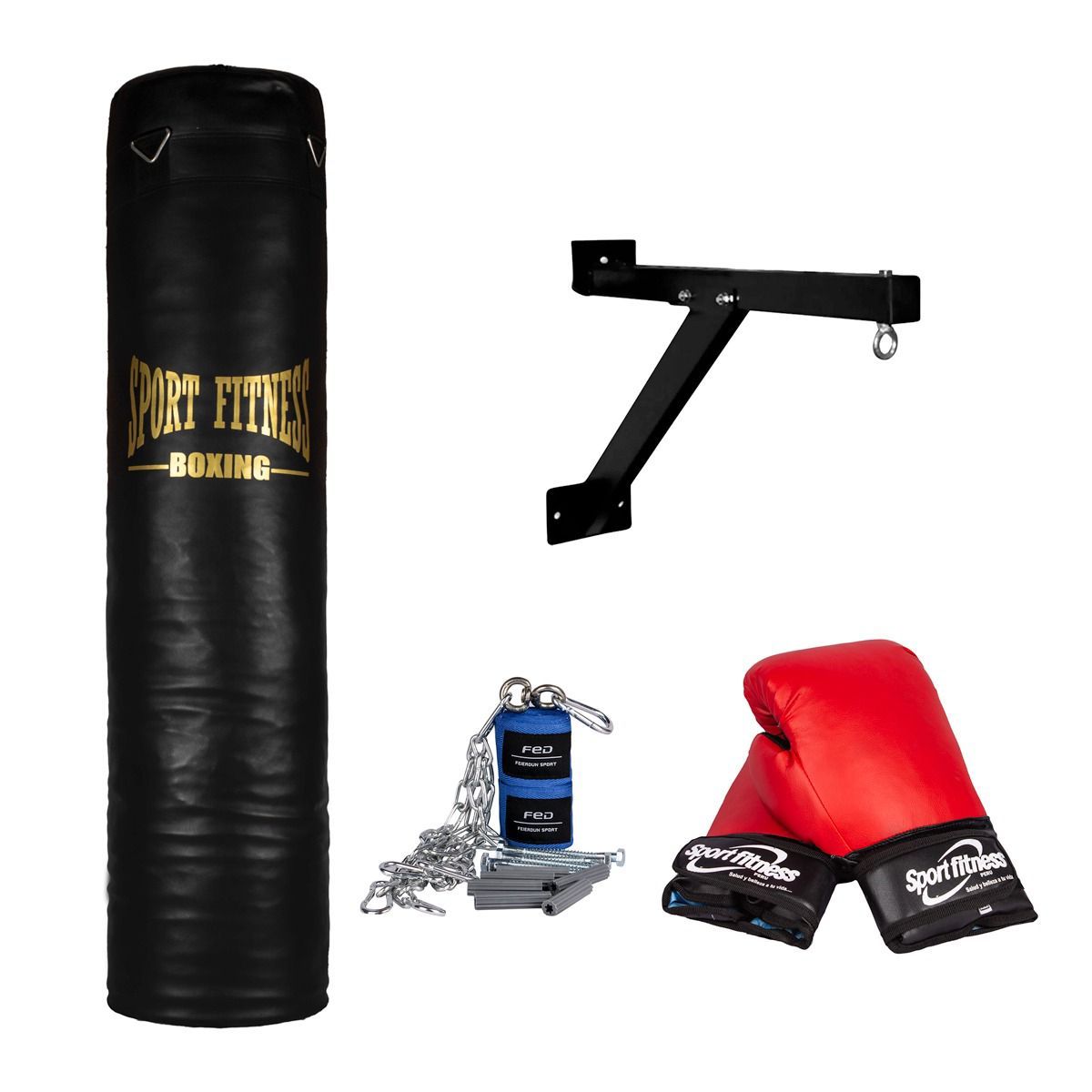SPORT FITNESS - SACO DE BOX VACIO 1.20 M + GUANTES + VENDAS + SOPORTE+ CADENA